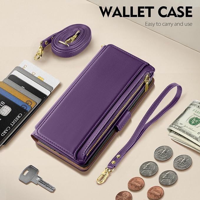 Antsturdy Compatible with iPhone 15 Wallet Case for Women【RFID Blocking】 Crossbody Phone Case PU Leather Zipper Wrist Strap Flip Protective Cover Credit Card Holder Slots,for Apple 15 6.1",Purple