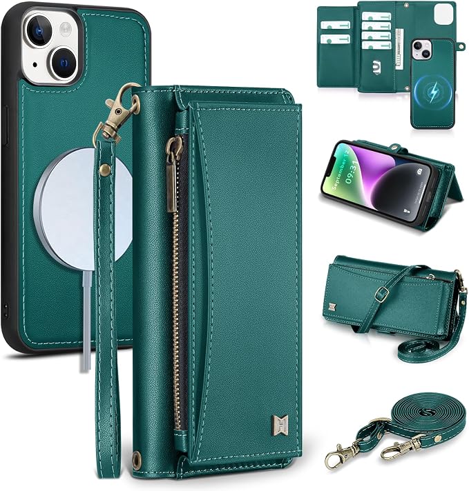 Wallet Case for iPhone 14 with Card Holder/Crossbody Wallet/Strap| RFID Blocking | Magnetic | Kickstand | Detachable | PU Leather Phone Case for iPhone 14,6.1 in,Green