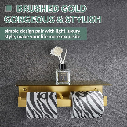 APLusee Brushed Gold Double Toilet Paper Holder with Shelf, Heavy Duty 304 Stainless Steel Tissue Holder for Bathroom with Storage, Commercial Paper Roll Dispenser Wall Mounted