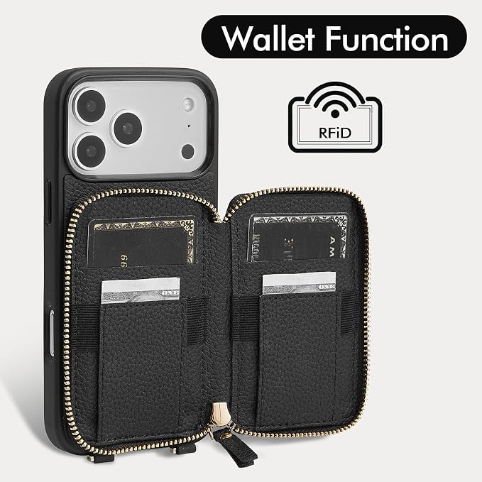 ZVE for iPhone 17 Pro Wallet Case with Card Holder, Zipper Crossbody Case with Wrist Strap for Women 6.3" Black