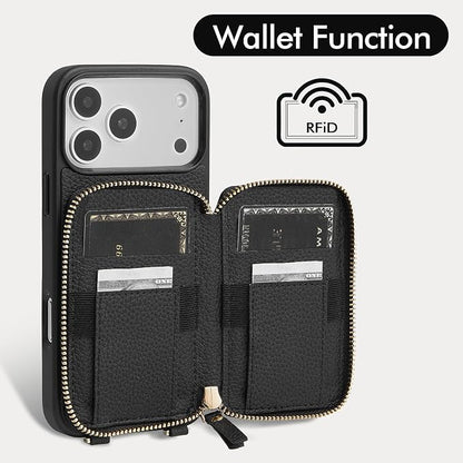 ZVE for iPhone 17 Pro Wallet Case with Card Holder, Zipper Crossbody Case with Wrist Strap for Women 6.3" Black