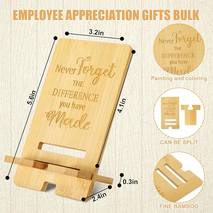 Ripeng 48 Pcs Employee Appreciation Gifts Bulk Bamboo Phone Stand for Desk Office Worker Thank You Gift for Administrative Team Coworkers Staff Graduation Nurse Teacher Week (Difference Made)