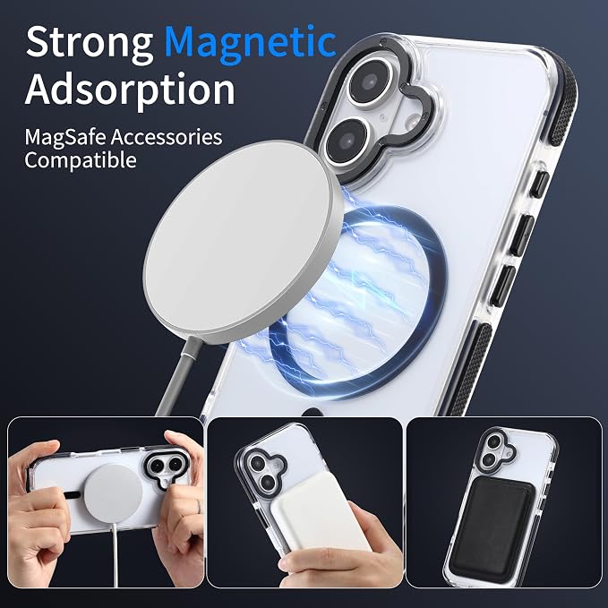 Strong Magnetic for iPhone 16 Plus case [10Ft Military-Grade Protection] Compatible with fit MagSafe Shockproof Slim Thin Cover 6.7 inch 16 Plus Phone case, Clear Black