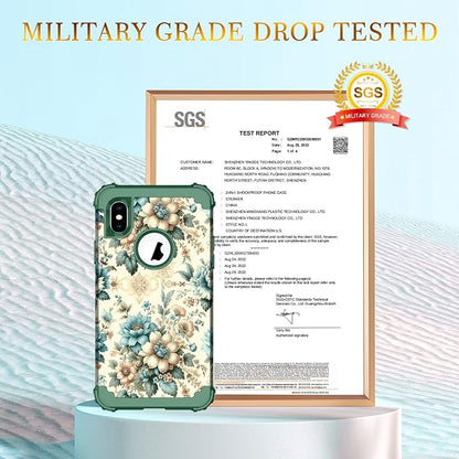 Hocase for iPhone Xs Max Case, Heavy Duty Shockproof Protection Soft Silicone Rubber+Hard Plastic Bumpers Hybrid Protective Case for iPhone Xs Max (6.5") 2018 - Teal Blue Flowers