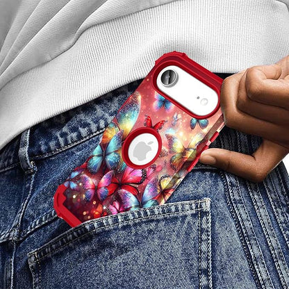 Hocase for iPhone Air Case 6.5", Heavy Duty Shockproof Protection Soft Silicone Rubber+Hard Plastic Bumpers Hybrid Protective Case for iPhone Air 2025 - Shimmering Butterflies in Red