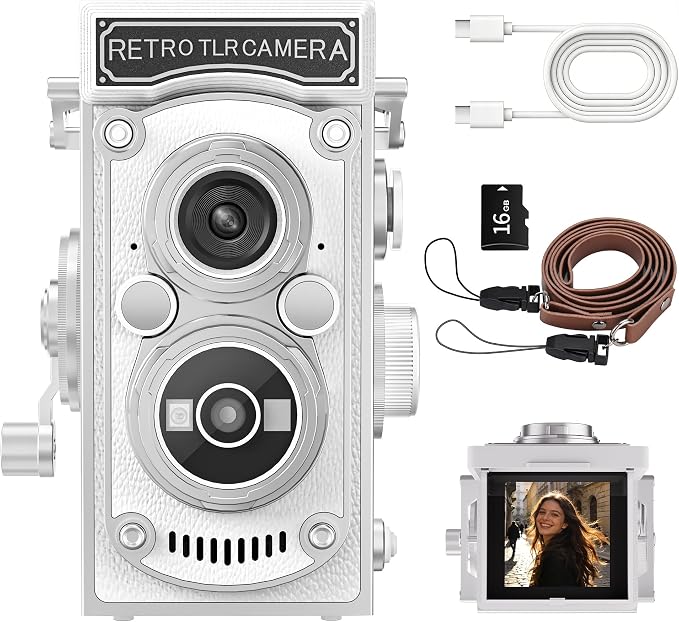 Mini Retro TLR Digital Camera, Portable 24MP 1080P FHD Vintage Point and Shoot Pocket Travel Camera with Twin Lens, Autofocus, 16X Digital Zoom, 16GB Card, for Beginners, Teens & Adults - White