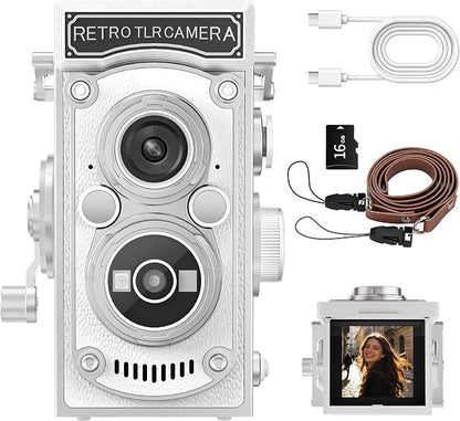 Mini Retro TLR Digital Camera, Portable 24MP 1080P FHD Vintage Point and Shoot Pocket Travel Camera with Twin Lens, Autofocus, 16X Digital Zoom, 16GB Card, for Beginners, Teens & Adults - White