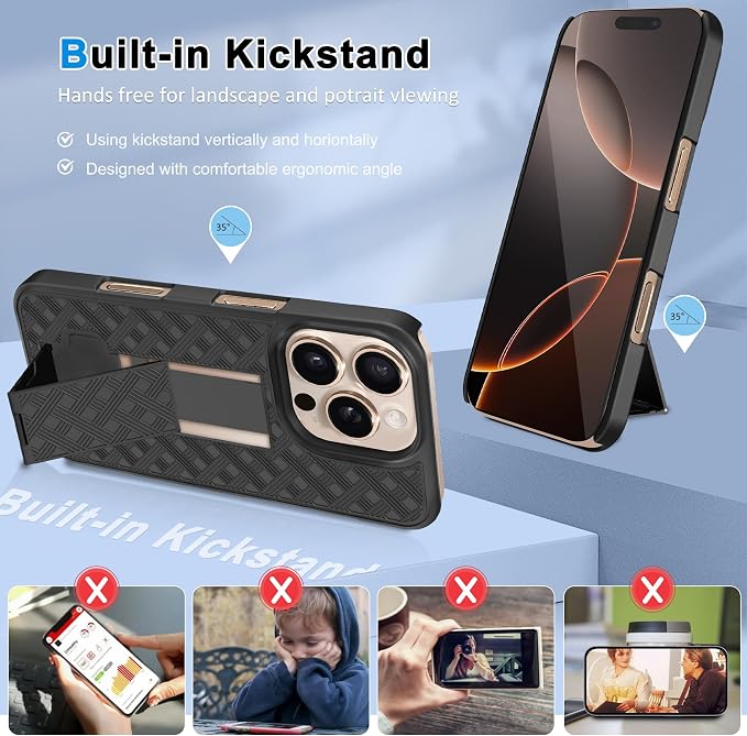 Fingic for iPhone 16 Pro Case with Belt Clip Holster Case Slim Combo Shell with Kickstand Swivel Holster Rugged Shockproof Antiscratch Full Body Protective Case for iPhone 16 Pro,6.3 inch,2024,Black