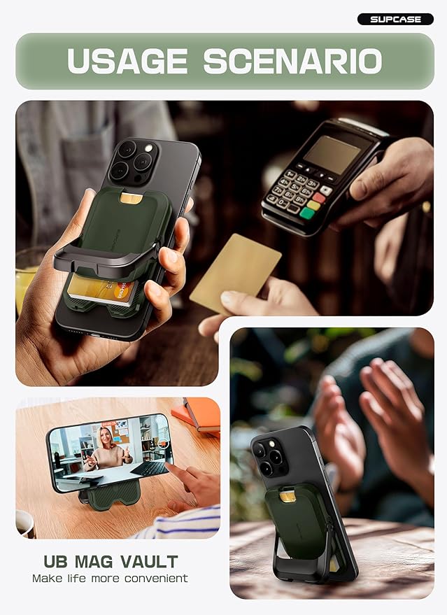 SUPCASE for MagSafe Wallet with Stand, Magnetic Wallet for Men Women, [Hold 6 Cards] [RFID Blocking] [Strong Magnetic Lock] Phone Stand Card Holder for iPhone 17/16/15/14/13/12 Series, Battle Green