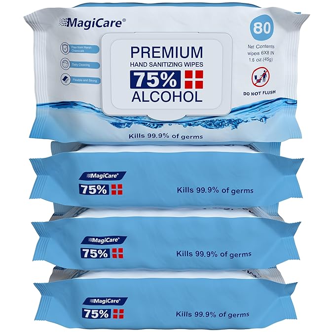 MagiCare 75% Large Alcohol Wipes (4-80ct Packs, 320pcs) - Alcohol Hand Sanitizer Wipes, Premium - Unscented Hand Wipe, Sanitizing Wipe - Travel, Home, Classroom, Camping - Soft Packs