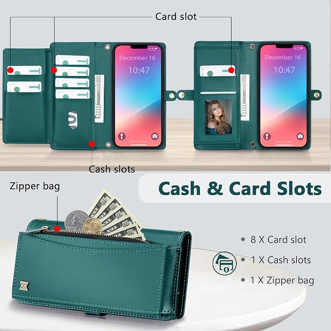 Wallet Case for iPhone 13 Pro Max with Card Holder/Crossbody Wallet/Strap| RFID Blocking | Magnetic | Kickstand | Detachable | PU Leather Phone Case for iPhone 13 Pro Max,6.7 in,Green