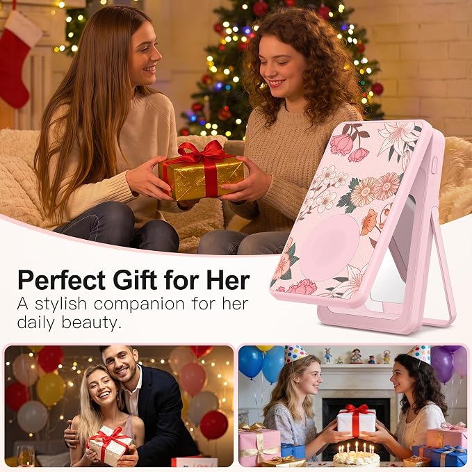 Magnetic Wireless Power Bank 5-in-1, 5000mAh Portable Charger with LED Mirror, Phone Stand, Card Holder & Bluetooth Remote, 20W Fast Charging for iPhone & Android, Travel Essential for Women