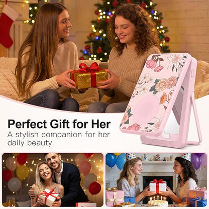 Magnetic Wireless Power Bank 5-in-1, 5000mAh Portable Charger with LED Mirror, Phone Stand, Card Holder & Bluetooth Remote, 20W Fast Charging for iPhone & Android, Travel Essential for Women