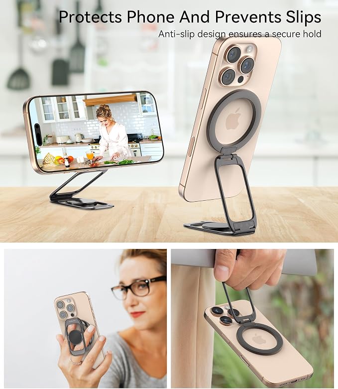 for MagSafe Magnetic Phone Grip Stand [Upgrade Dual-Hinge-Sided Magnets] Compatible with MagSafe Ring Gym Car Holder for iPhone 17/16/15/14/13/12 Pro Max Series Case All Phones (Black)
