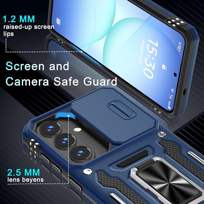 DEERLAMN Case for Samsung Galaxy A37 5G with Slide Camera Cover+Screen Protector (1 Pack), Rotated Ring Kickstand Military Grade Shockproof Protective Cover-Navy Blue
