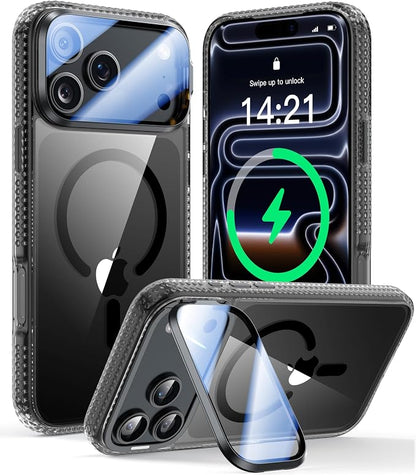 [Upgraded Full Camera Protection] for iPhone 17 Pro Max Case with Camera Cover Stand [Fit for MagSafe][10FT Mil-Grade Protection] Transparent Magnetic iPhone 17 Pro Max Phone Case, Clear Black