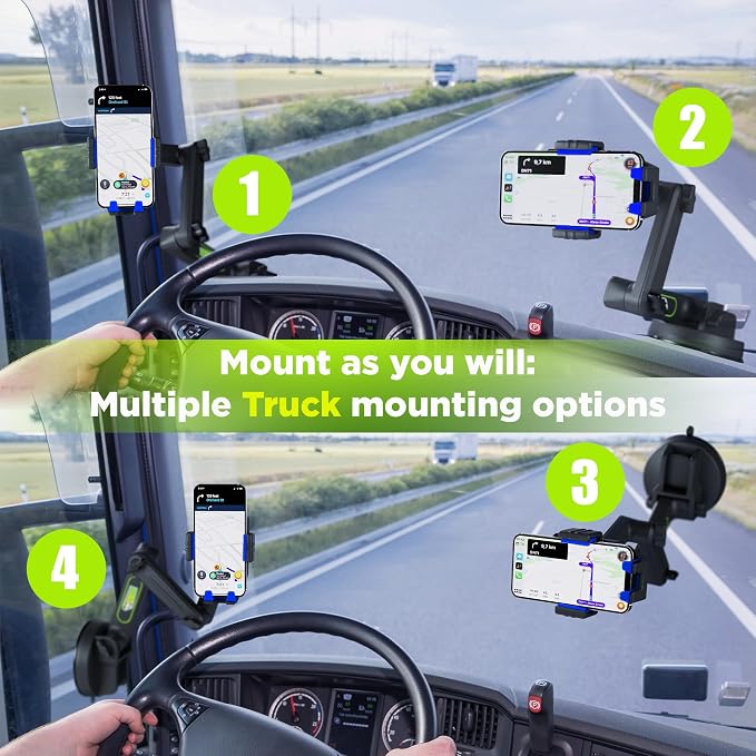 Cell Phone Mount for Truck Phone Holder for Truck Drivers - Heavy Duty Suction Cup + Dashboard Pad, iPhone Holder for Dashboard Window 16.9 inch Long, for iPhone & Samsung, Commercial Trucker, Blue