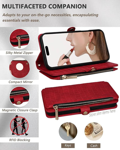 Crossbody Wallet Case for iPhone 14 Pro Max with Mirror, Wrist Strap, Zipper Purse Magnetic Flip RFID Blocking Card Holder, Wireless Charging, PU Leather Shockproof 6.7" Women (Red)