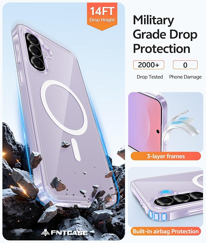 FNTCASE for Galaxy A37/A36 5G Phone Case, Fit for Magsafe, Screen Protector | Anti Yellowing Magnetic Back, 14FT Military Grade Drop Protection, Shockproof Protective, for Samsung A37 Cover, Transparent