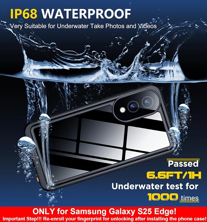 SPIDERCASE Only for Samsung Galaxy S25 Edge Case Waterproof, Built-in Screen & Camera Lens Protector[IP68] [Military Grade Shockproof] Full Protection Only for S25 Edge 6.7”, Black/Clear