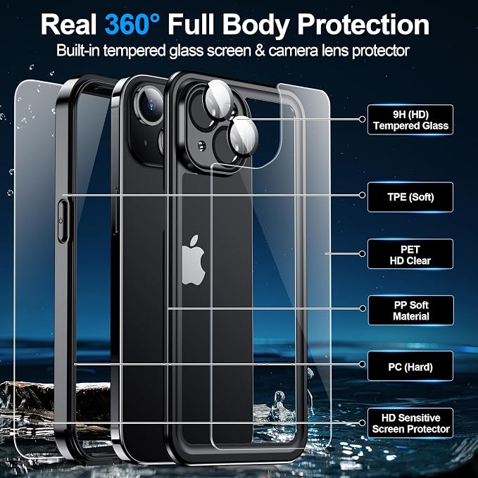 MOZOTER for iPhone 15 Case Waterproof,[IPX8 Underwater Case][Full Body Shockproof & Military Dropproof] Clear Sound Quality Built-in Screen Protector for iPhone 15 6.1 inch-Black