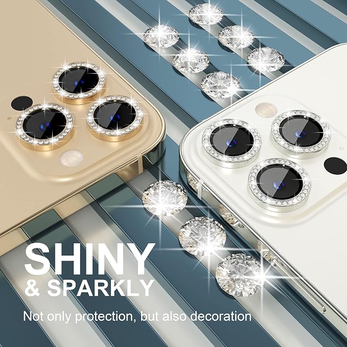 Choiche Compatible for iPhone 13 Pro/iPhone 13 Pro Max Camera Lens Protector Bling, 9H Tempered Glass Camera Cover Screen Protector Metal Ring Decoration Accessories (Diamond-Silver)