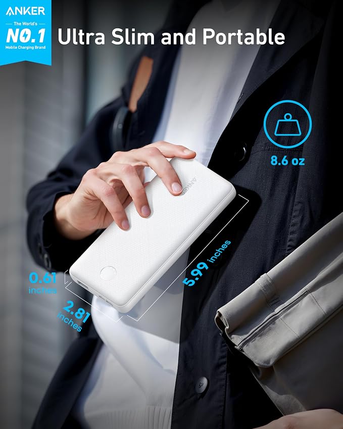 Anker Power Bank(PowerCore 10K), Compact Travel-Ready 10,000mAh Battery Pack with PowerIQ Charging Technology, 5V/3A High-Speed Charging for iPhone, iPad,and More (1, White)