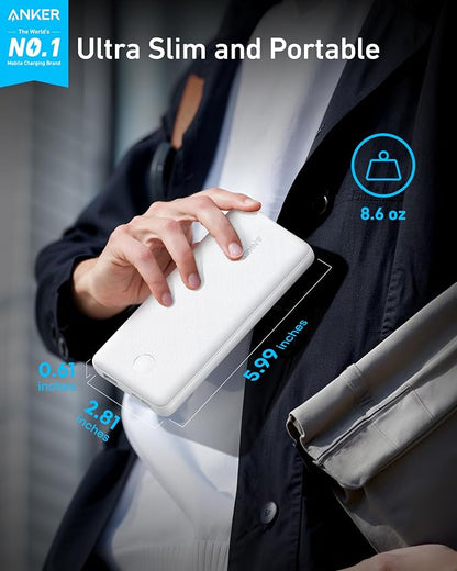 Anker Power Bank(PowerCore 10K), Compact Travel-Ready 10,000mAh Battery Pack with PowerIQ Charging Technology, 5V/3A High-Speed Charging for iPhone, iPad,and More (1, White)