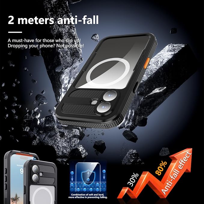 Omio Designed for iPhone 17 Waterproof Case Compatible with MagSafe, Magnetic Waterproof Full Body IP68 Underwater Case Built-in Screen Protector Military Grade Shockproof Cover for Men Women Black