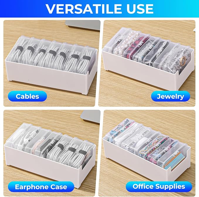 2 Pack Cable Organizer Box with 14 Clear Switch Case, Cable Straps and Label Stickers, Travel Cord Organizer for Charging Cables, USB Wires, Earphones – Drawer Organization for Home & Office
