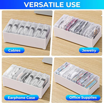 2 Pack Cable Organizer Box with 14 Clear Switch Case, Cable Straps and Label Stickers, Travel Cord Organizer for Charging Cables, USB Wires, Earphones – Drawer Organization for Home & Office