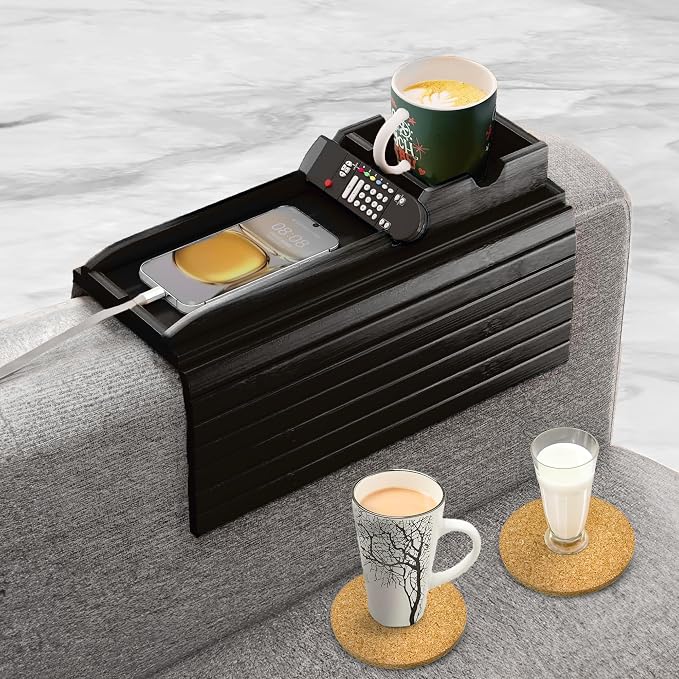 Couch Cup Holder Tray with 2 Cork Coasters, Couch Caddy, Anti-Slip Foldable Armrest Sofa Tray, Couch Armrest Table, Anti-Spill Holder for Remote, Snacks, Cellphone - Ideal Gift (Black)