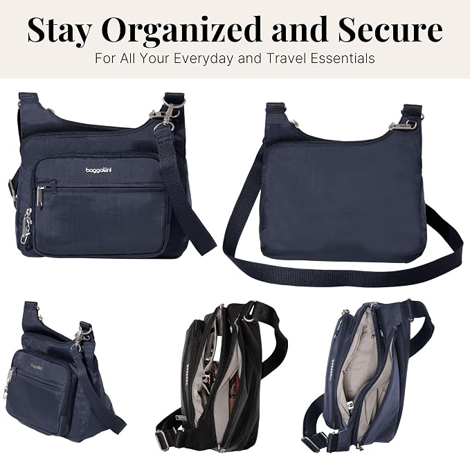 Baggallini Securtex Anti-theft Crossover Crossbody Bag 11”w X 8.5”h, Rfid, Built-in Wallet, Locking Zippers