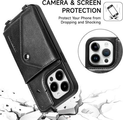 LUCKYCOIN for iPhone 15 Pro Max Crossbody Wallet Case – Genuine Leather Phone Purse with Adjustable Strap and Card Holder,Lanyard Phone Purse Case for Women,Vintage Black