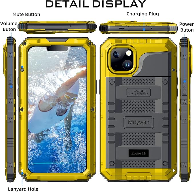 Mitywah Waterproof Case for iPhone 14, Heavy Duty Shockproof Case with Built-in Screen Protector, Full Body Underwater Protective Metal Case 6.1 inch, Yellow