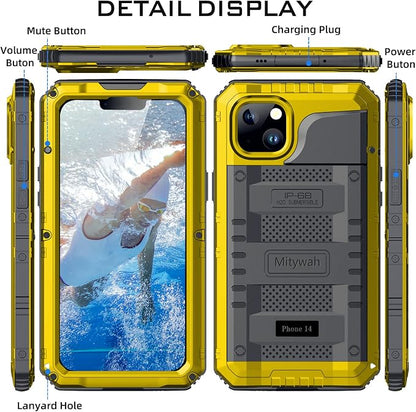 Mitywah Waterproof Case for iPhone 14, Heavy Duty Shockproof Case with Built-in Screen Protector, Full Body Underwater Protective Metal Case 6.1 inch, Yellow