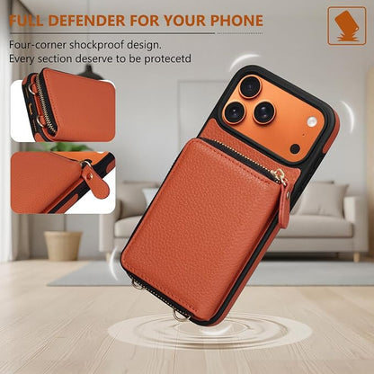 Keallce Wallet Case for iPhone 17 Pro Max 6.9 Inch, Genuine Leather Zipper Purse with Crossbody Strap, 4 Card Slots & RFID Blocking, Kickstand Flip Cover Shockproof for Women, Orange