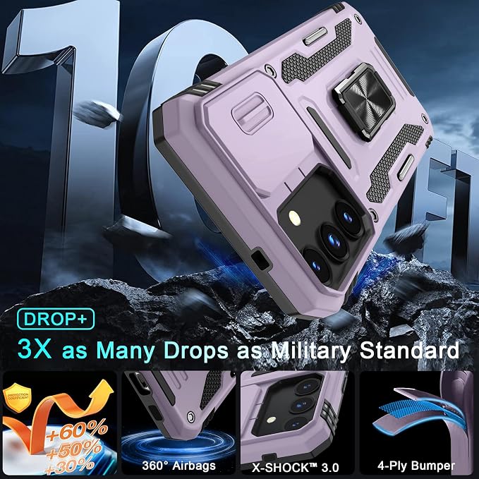 DEERLAMN Case for Samsung Galaxy S25 6.2-Inch with Slide Camera Cover+Screen Protector (1 Pack), Rotated Ring Kickstand Military Grade Shockproof Protective Cover-Deep Purple