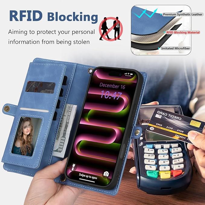 Wallet Case for iPhone 16 Pro with Card Holder/Crossbody Wallet/Strap| RFID Blocking | Magnetic | Kickstand | Detachable | PU Leather Phone Case for iPhone 16 Pro,6.3 in,Sky Blue