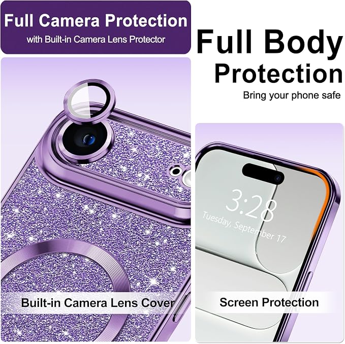 Hython for iPhone Air Case Glitter Clear Magnetic Phone Cases [Compatible with MagSafe] Full Camera Lens Protector Sparkle Luxury Plating Slim Shockproof Protective Cover Women, Purple
