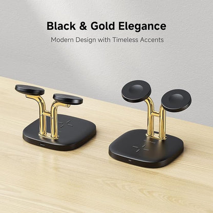 Dual Watch Charger with Fast Charging for Apple Watch, SwanScout 704A, 3-in-1 Wireless Charging Station Stand for Apple Watch Ultra 3/11/10, Wireless Charger Dock for AirPods Pro 3/4/3 (Black & Gold)