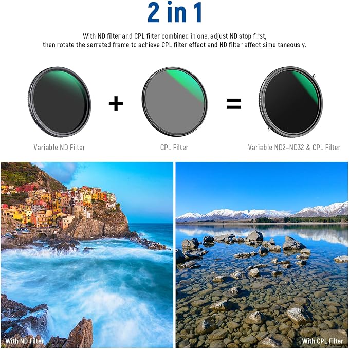 NEEWER 2 in 1 58mm Variable ND Filter ND2–ND32&CPL Filter(Circular Polarizer Filter) No X Cross/30 Layer Nano Coated/HD Optical Glass/Ultra Slim Aluminum Alloy Frame/Water Repellent/Scratch Resistant