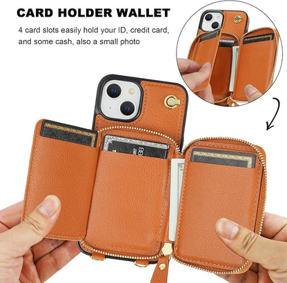 Bocasal for MagSafe Crossbody Wallet Case Compatible with iPhone 14 iPhone 13, RFID Blocking Protective Purse Case with Card Slots Holder Kickstand Wrist Strap Lanyard Zipper 6.1 Inch 5G (Brown)