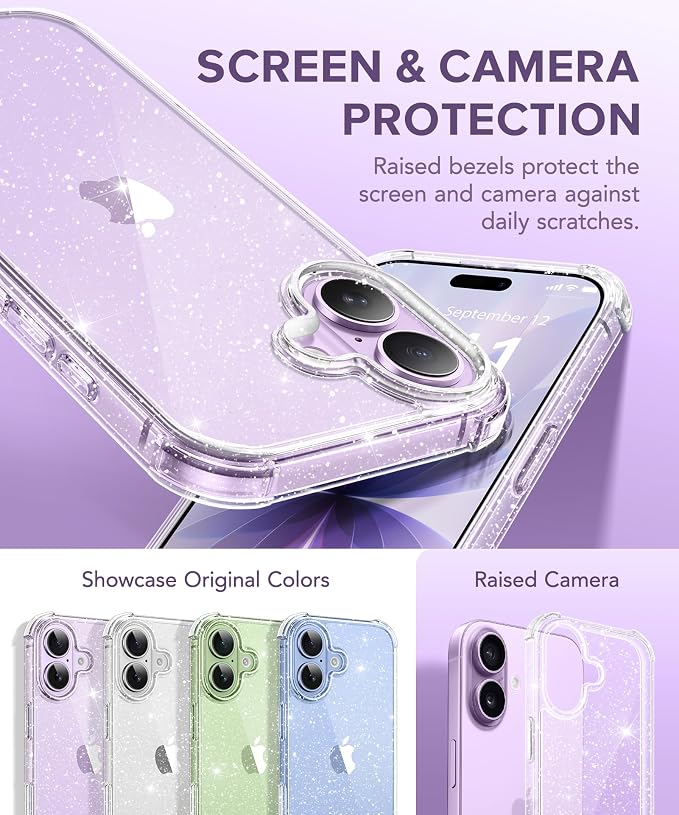 BERFY for iPhone 17 Case for Women, Clear Glitter Shockproof Protective Case, Anti-Yellowing, with Screen Protector & Camera Lens Protector 6.3", Sparkle Clear