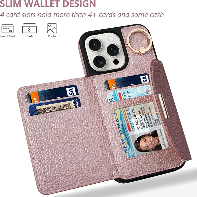 Keallce Wallet Case for iPhone 16 Pro Max 6.9'', Flip Case with Card Slots, Ring Holder Kickstand, PU Leather Protective Folio Cover for Women, Rosegold