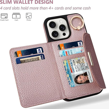 Keallce Wallet Case for iPhone 16 Pro Max 6.9'', Flip Case with Card Slots, Ring Holder Kickstand, PU Leather Protective Folio Cover for Women, Rosegold