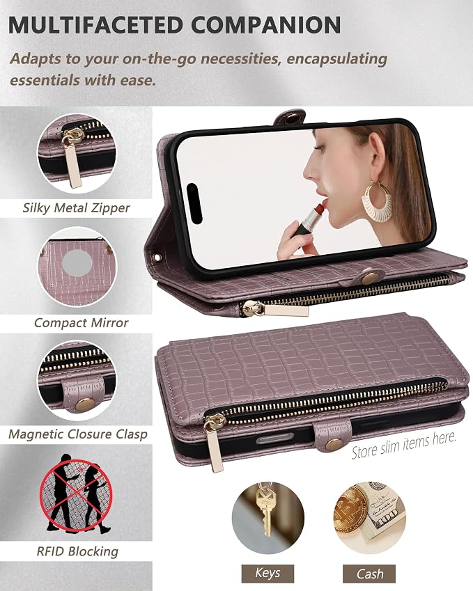 Crossbody Wallet Case for iPhone 16 Pro Max with Mirror, Wrist Strap, Zipper Purse Magnetic Flip RFID Blocking Card Holder, Wireless Charging, PU Leather Shockproof 6.9" Women (Rose Gold)