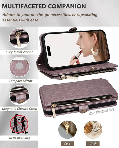 Crossbody Wallet Case for iPhone 16 Pro Max with Mirror, Wrist Strap, Zipper Purse Magnetic Flip RFID Blocking Card Holder, Wireless Charging, PU Leather Shockproof 6.9" Women (Rose Gold)