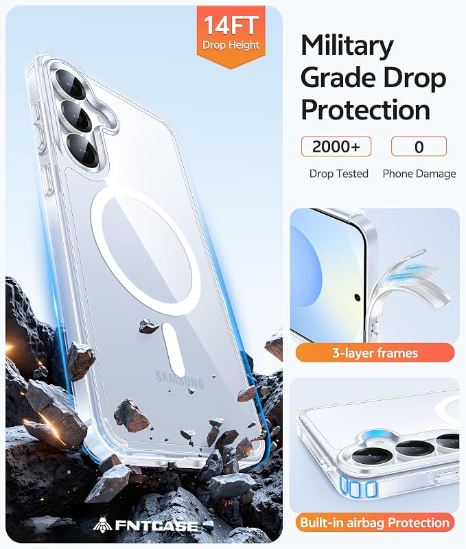 FNTCASE for Galaxy S25/S24 Plus Case, Fit for Magsafe, Screen Protector | Anti Yellowing Magnetic Back, 14FT Military Grade Drop Protection, Shockproof Protective Phone Cover, Transparent