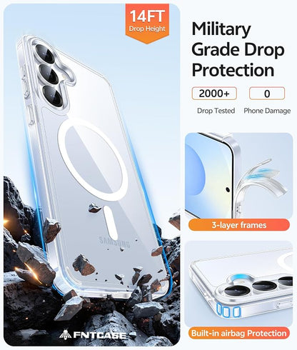 FNTCASE for Galaxy S25/S24 Plus Case, Fit for Magsafe, Screen Protector | Anti Yellowing Magnetic Back, 14FT Military Grade Drop Protection, Shockproof Protective Phone Cover, Transparent